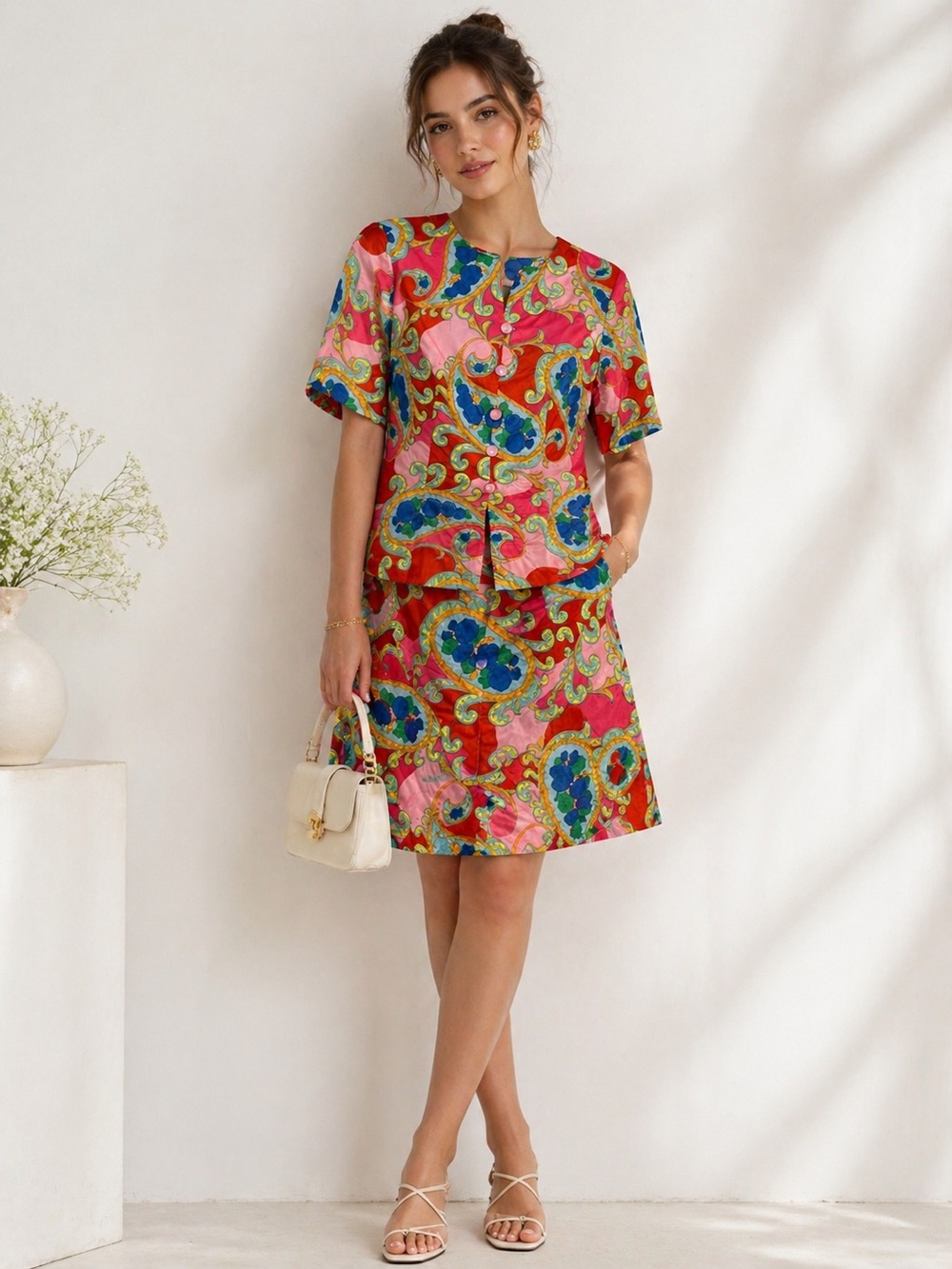 Vintage Handmade Pink Paisley Print Button Front Top & A-Line Skirt Set Sz. S